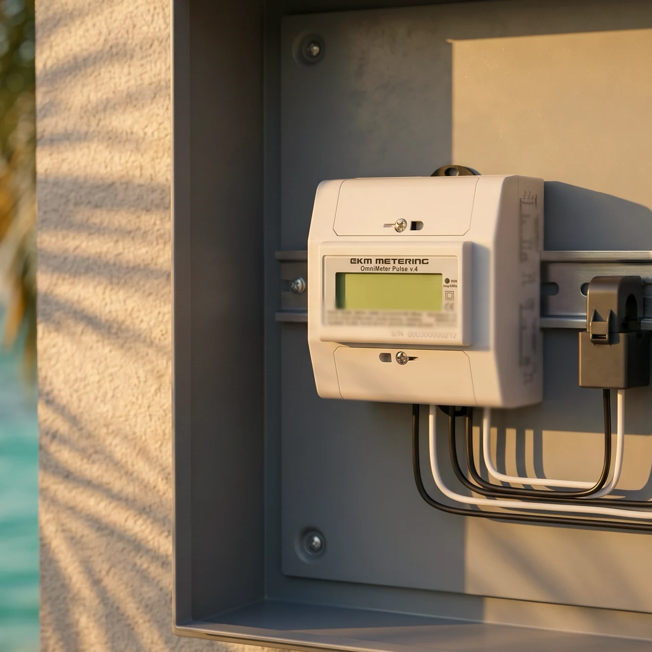 An EKM OmniMeter Pulse v.4 and current transformers in a weatherproof enclosure on a sunlit wall